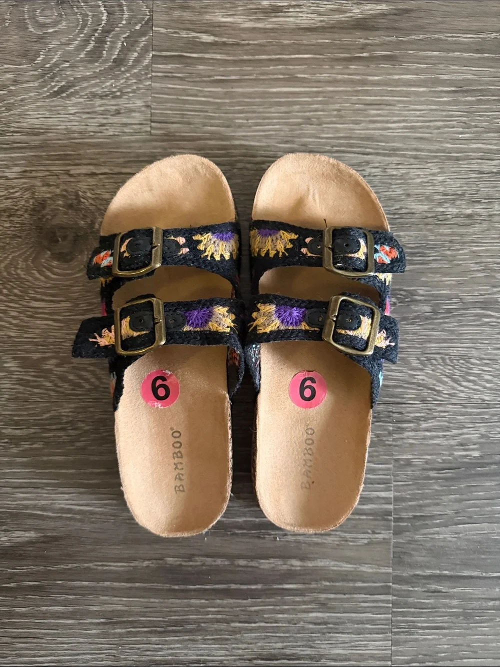 BAMBOO Black Floral Embroidered Double-Buckle Sandals